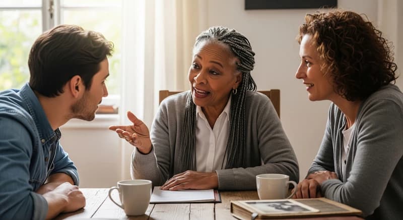 Multi-generational family gathered around a dinner table sharing stories across generations