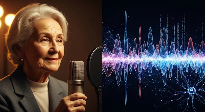 A grandmother using AI-powered storytelling technology to preserve family memories