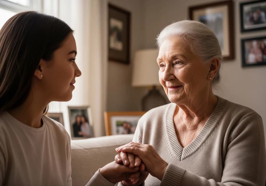 A grandmother sharing personal stories with her granddaughter across distance