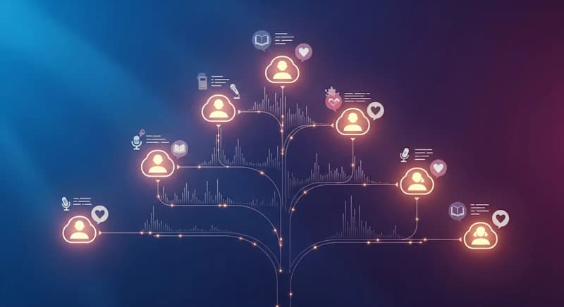 A modern family tree visualizing generations of connected stories preserved through technology